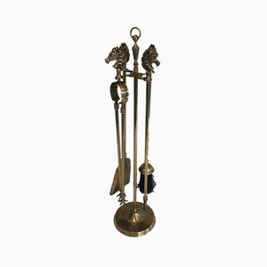 French Neoclassical Style Brass Horseheads Fireplace Tool Set, 1950s