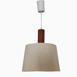 Lampada da soffitto in teak con paralume in lana beige, anni '70