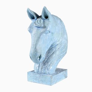 Sculpture Tête de Cheval Bleue, Bois Sculpté