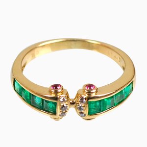 18K Gold, Sapphire, Emerald & Diamond Ring, 1990s