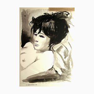Leo Guida - Portrait de Femme - Chine Encre et Aquarelle - 1968