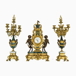 Vintage Bronze & Green Marble Triptych Clock & Candelabra, 1900s, Set of 3