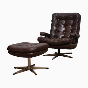 Brown Leather and Chrome Swivel Lounge Chair and Ottoman, Sweden, 1970s, Set of 2