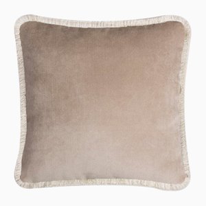 Happy Pillow Soft Velvet Cushion with Fringe Beige-White by Lorenza Briola for Lo Decor