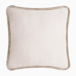 Cojín Happy Pillow de terciopelo suave con flecos beige claro de Lorenza Briola para Lo Decor