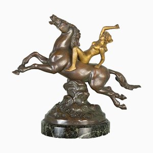 Bronzestatue eines Pferdes mit Frau, 1800er