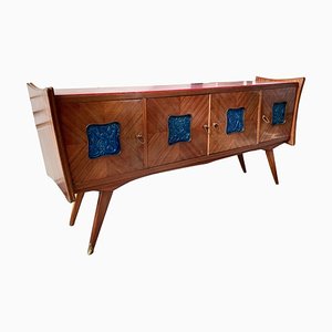 Italian Rosewood & Blue Ceramic Tile Sideboard with Red Lacquered Glass Top, 1950s