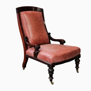 William IV Leather & Mahogany Library Chair with Athenian Carved Wood, Brass Studded Detailing & Brass Castors, 1800s