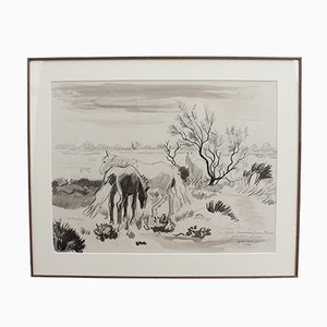 Yves Brayer, Horse at the Edge of the Pond, 1980, Lápiz, tinta y acuarela