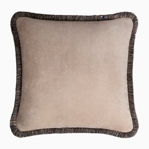 Happy Pillow Soft Velvet Cushion with Cappuccino Grey Fringes by Lorenza Briola for Lo Decor