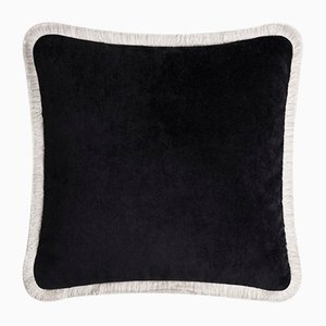 Happy Pillow Soft Velvet Cushion with Black and White Fringes by Lorenza Briola for Lo Decor