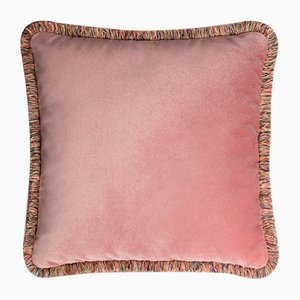 Cojín Happy de terciopelo rosa con flecos multicolor de Lorenza Briola para LO DECOR