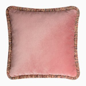 Happy Pink Velvet Cushion with Multi-Colored Fringe by Lorenza Briola for LO DECOR