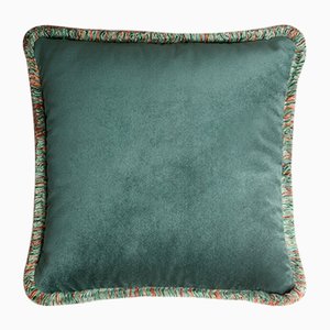 Happy Teal Velvet Cushion with Multi-Colored Fringe by Lorenza Briola for LO DECOR
