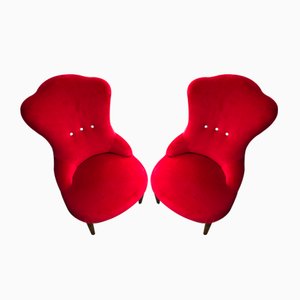Antique Red Velvet Lounge Chairs, Set of 2