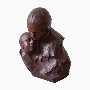 Belgian Art Deco Ceramic Bust of Mother and Child by Georges Wasterlain