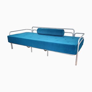 Blaues Italienisches Schlafsofa aus Stahl und Geflochtenem Samt, 1960er