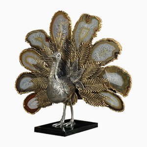 Peacock Sculpture in Brass Metal and Stone Agate, 1970