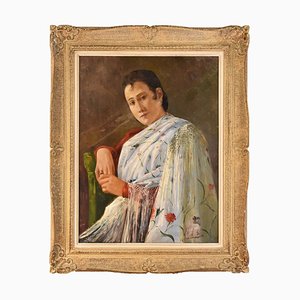 Tableau Portrait, Femme à la Robe Blanche, Espagnol, Huile sur Toile, 20ème Siècle