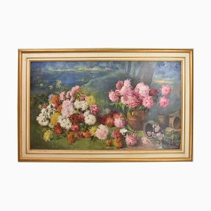 Florale Bemalung, Pfingstrosen & Seerosen, Blumenkunst, Öl auf Leinwand, 19. Jahrhundert
