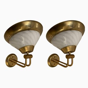 Large Vintage Brass & Murano Glass Sconces, 1970s, Set of 2