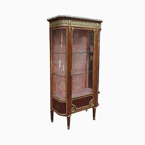 Louis XVI Inlaid, Curved Glass, Bronze & Marble Single-Door Showcase, Late 19th Century