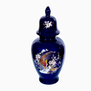 Antike farbenfrohe geblümte Majolica & Glasierte Keramik Vase, 1950er