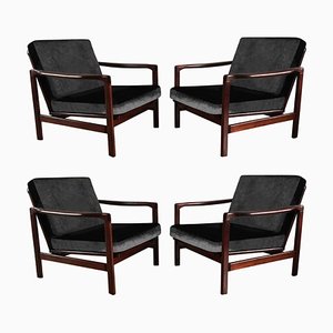 Fauteuils 7752-B en Velours Noir par Zenon Baczyk pour Swarzędzkie Fabryki Mebli, 1960s, Set de 4