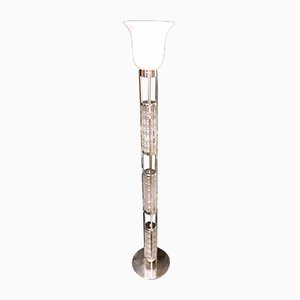 Tubular Chrome-Plated Steel Floor Lamp with 3 Relief Glass Shades & White Cameo Glass Tulip Shade, 1970s