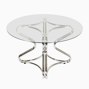 Vintage Metal Chome & Glass Round Dining Table, 1970s