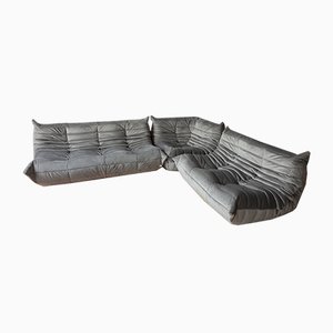 Grauer Togo Ecksessel aus Elefanten-Samt, 2- und 3-Sitzer Sofa von Michel Ducaroy für Ligne Roset, 3er Set