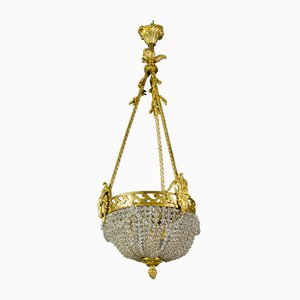 Lámpara de araña francesa estilo neoclásico de bronce y cristal, años 20