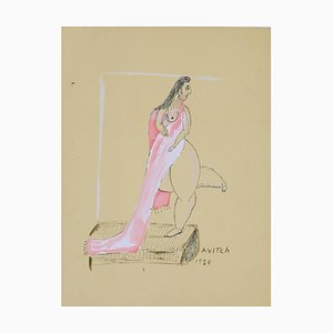 Inchiostro Unknown, Figure of Woman, Tempera and China Ink, Signed Avitch, anni '80