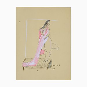 Inconnu, Figure de Femme, Détrempe et Encre de Chine, Signé Avitch, 1980s