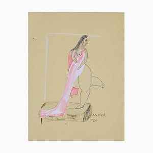 Unbekannt, Frauengestalt, Tempera und China Tinte, Signierte Avitch, 1980er