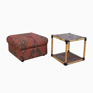 Set of Rattan & Glass Pouf & Coffee Table, 1970s