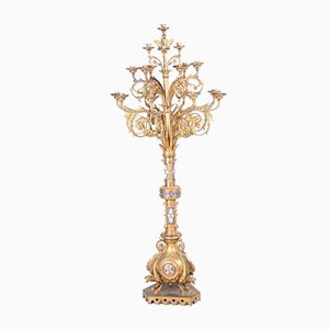 Large Geo Gothic 18-Armed Gilt Bronze Candlestick, 1800s