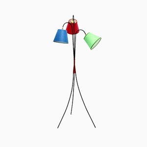 Lampadaire à 3 Pieds Moderne Mid-Century en Métal Noir avec Abat-jour Multicolore, 1950s