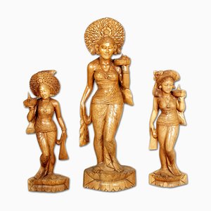 Large Carved and Engraved Teak Statues of Women, 1930s, Set of 3