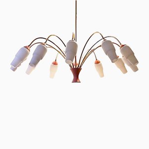 Lámpara de araña italiana de 12 brazos de latón, años 50