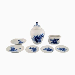 Blue Flower Curved Toothpick Holder, Tea Caddy and Butter Pads from Royal Copenhagen, Set of 7