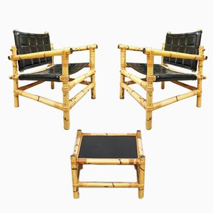 Mid-Century Safari Sessel & Couchtisch aus Bambus, 3er Set