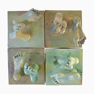 Reliefs en Céramique avec Tapisserie de Pieds Verts Vernis, Set de 4