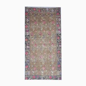 Tappeto Oushak 4x9 vintage fatto a mano con fiori in lana rossa, Turchia