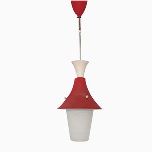 Lampada da soffitto a forma di lanterna con parti rosse e color crema e paralume in vetro opaco bianco, anni '50