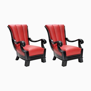 Set of Austrian Red Leather Armchairs Attributed to Otto Prutscher
