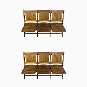 Antique Wooden 3-Seat Folding Theatre / Cinema Bench in the Style of Heywood Wakefield, Set of 2