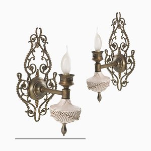 Venezianische Wandlampen aus Porzellan, Messing & Bronze, 1920er, 2er Set