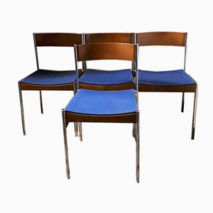 German Chromed Tubular Steel & Teak Stacking Chairs with Blue Fabric Upholstery from Casala, 1960s, Set of 4