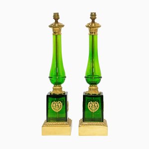 Empire Style Glass and Brass Column Table Lamp, France, Set of 2
